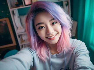 Asian female, late teens, dyed hair, playful expression, holding phone at arm's length, soft pastel bedroom interior background