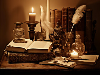 Sepia - toned photo, old leather - bound books on a wooden desk, quill and inkpot, ambient...