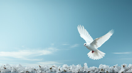 Sky's Canvas: White and Blue Banner with Soaring Doves. Generative AI