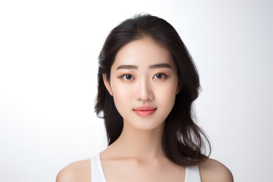 Beautiful young 20 years old asian woman with clean fresh skin on white background