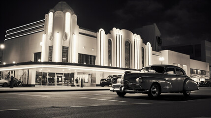 Aged monochrome photograph, vintage cars parked in front of an art deco theater, neon lights,...
