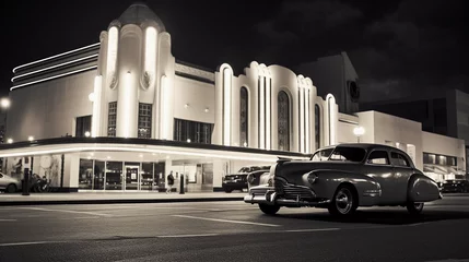  Aged monochrome photograph, vintage cars parked in front of an art deco theater, neon lights, classy elegance © Marco Attano