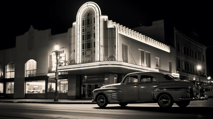 Aged monochrome photograph, vintage cars parked in front of an art deco theater, neon lights, classy elegance