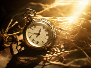 Aged sepia photograph, an antique pocket watch frozen in time, cobwebs and dust, delicate sunbeams illuminating the frame, atmosphere of a forgotten era