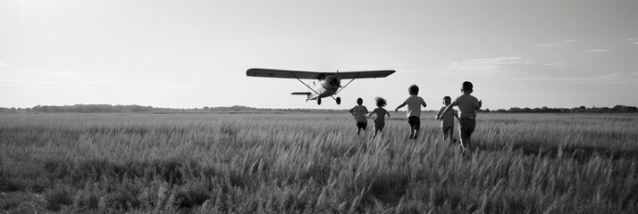 Black and white photograph, children running through a field of tall grass, a vintage biplane flying overhead, freedom and simplicity - Powered by Adobe