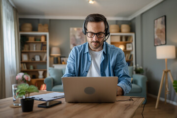 One man caucasian male freelancer work from home on laptop computer