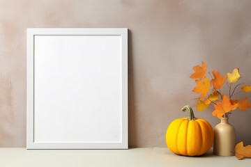 Autumn composition - blank frame for text with orange pumpkin and colorful dried leaves, copy space, greeting card, design mock up