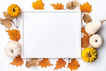Autumn composition - blank frame for text with orange pumpkins and colorful dried leaves, copy space, top view, greeting card, design mock up