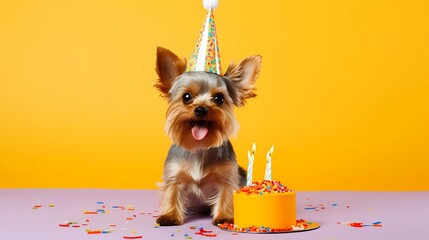 Happy cute dog wearing party hat celebrating birthday and a birth day cake on orange studio, Generative AI