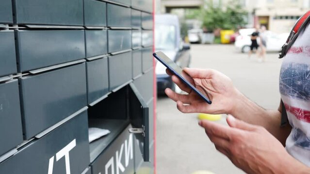 man receiving parcel from post terminal machine using smartphone outdoors. Parcel delivery machine. Mail delivery and post service, online shopping, e commerce concept.