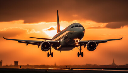 Silhouette of commercial airplane taking off at dawn, transporting passengers generated by AI