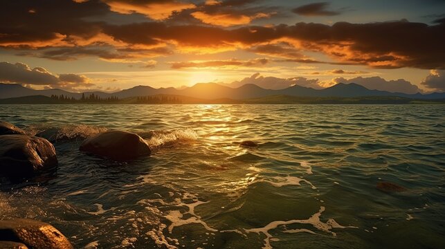 Beautiful beach sea view at sunset. AI generated image