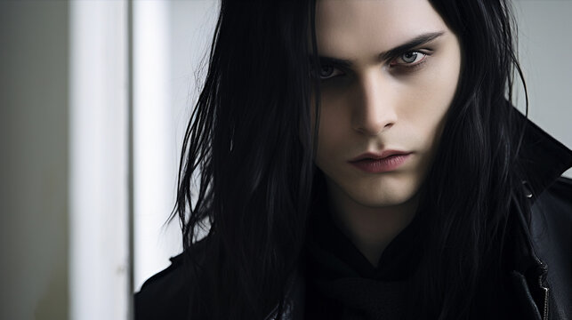 Portrait of young man in 20s, gothic style, long black hair and coat