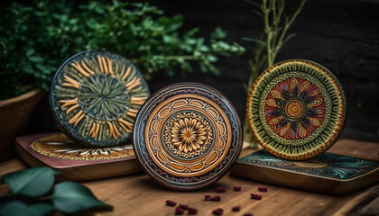 Fototapeta na wymiar Indigenous pottery collection showcases rustic elegance with floral embroidery pattern generated by AI