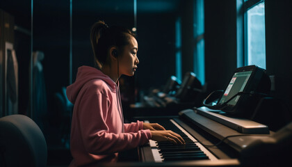 One young adult pianist practicing indoors, concentrating on piano keys generated by AI
