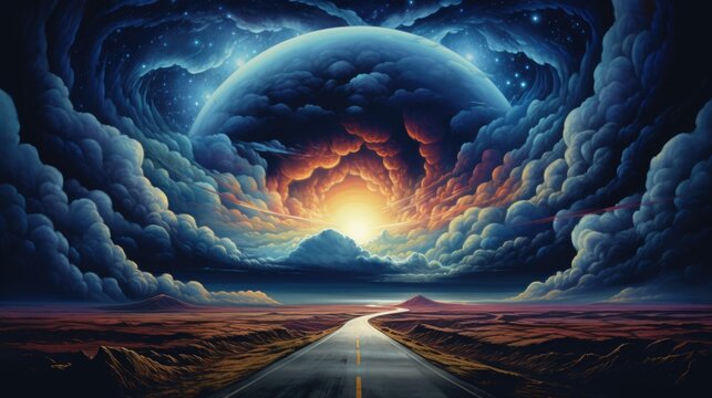 Long road through prairie landscape leading to sunset horizon, Surreal heavenly cosmic sky parallel universe, another dimension within our world, unreal golden hour cloudscape - generative AI