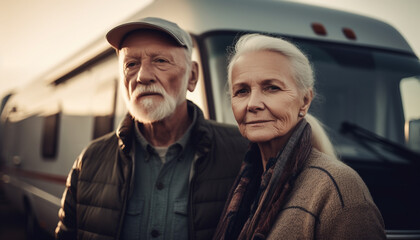 Smiling senior couple on road trip, bonding and enjoying adventure generated by AI