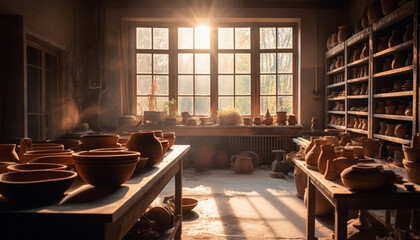 Earthenware pottery on wooden shelf in sunlit domestic room generated by AI