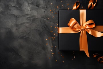 Black gift box with orange ribbon on grey background, top view, copy space