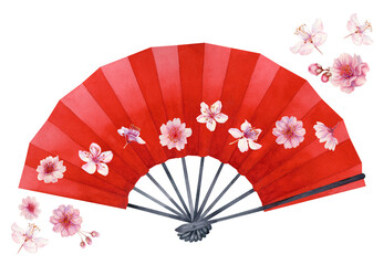 Watercolor illustration of a red open paper hand fan with cherry blossoms.