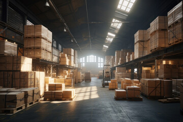 Boxes in warehouse. AI generative.