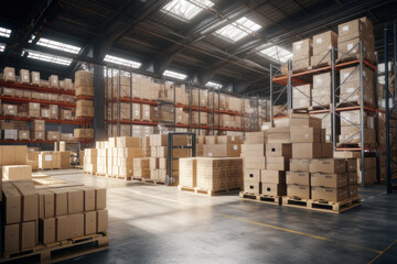 Cardboard boxes in a large warehouse. Warehouse Logistics. AI generative.
