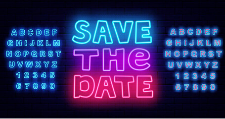 Save the date neon emblem. Wedding celebration. Romantic greeting card. Shiny banner. Vector stock illustration