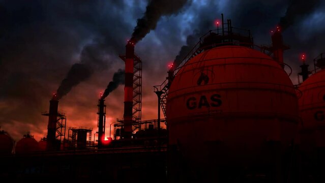 spooky liquid flammable gas - LNG massive industry at sundown, fictitious - loop video
