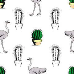 Seamless pattern of ostrich, cactus. For children's fabrics and clothing. Vector stock illustration eps10.