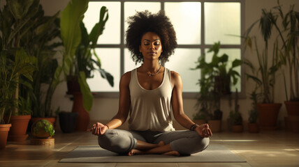 young african american woman doing yoga exercises at home.