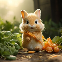 A very cute mischievous playful bunny. Little bunny nibbling a carrot with a happy and agile expression. Graphic resource of a cute bunny.