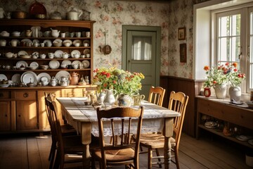 Vintage dining room with a rural charm. Generative AI