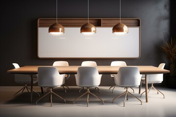 Front view on conference table with laptop and chairs in spacious meeting room with backlit wooden decoration and white and grey wall background. 3D rendering. Generative AI