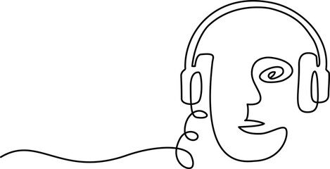 Abstract Man listening music in headphones. Continuous one line