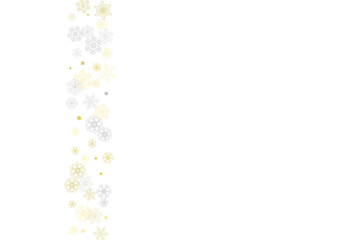 Gold snowflakes frame on white background. New year theme. Horizontal shiny Christmas frame for holiday banner, card, sale, special offer. Falling snow with gold snowflake and glitter for party invite