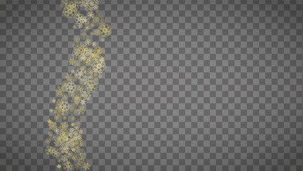 Isolated snowflakes on horizontal transparent grey background. Gold glitter snow. Winter sales, Christmas and New Year design for party invitation, banner, sale. Magic crystal isolated snowflakes.