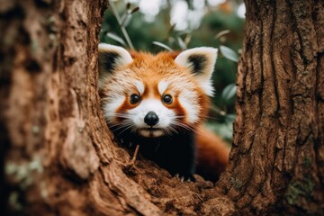 A red panda peeks out of a hole in a tree - Powered by Adobe