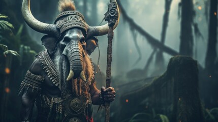 A man with a horned head holding a staff in a forest