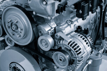 Belt drive of Diesel engine electric generator. Close up car timing belt. Belt transmission close...