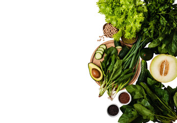 Different fresh herbs Cereals Vegetables on isolated png background top view with copy space