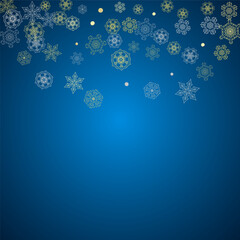 New Year frame with gold snowflakes on blue background. Winter window. Christmas and New Year frame for gift certificate, ads, banner, flyer, sales offers, event invitations. Glitter snow with sparkle