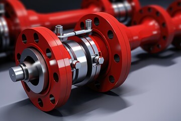 Red and stainless steel piping components with silver flanges and bolts.