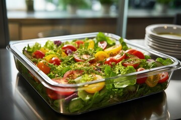 A fresh salad in a glass dish.