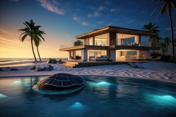 A luxurious beach house with a pool, surrounded by palm trees, under a beautiful sunset sky.