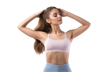 Fototapeta premium gentle athlete woman with fitness body in sports clothes preparing for workout training, png isolated on white transparent background
