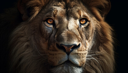 Majestic lion close up portrait, staring with alertness at camera generated by AI