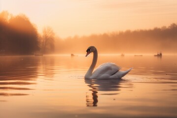 Fototapeta premium A swan swimming in a lake at sunset