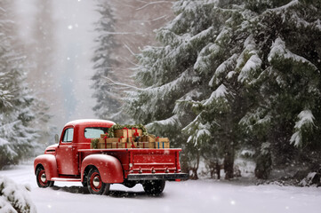 Red Truck in the snow with room for copy space created with Generative AI technology