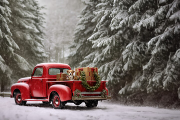 Red Truck in the snow with room for copy space created with Generative AI technology