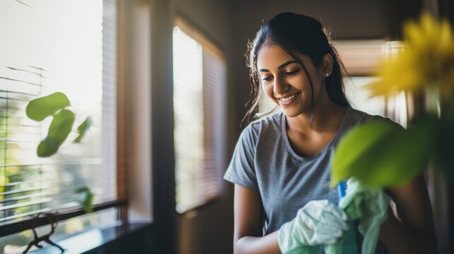 Beautiful Young Woman In The Robber Gloves Cleaning The House